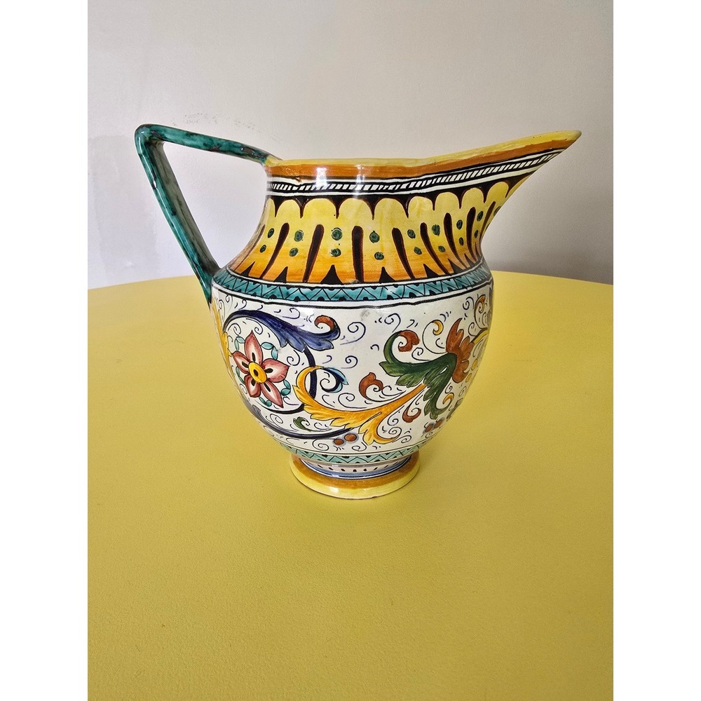 Large Hand Painted Majolica Ceramic Pitcher Floral Scrollwork Pottery Vase